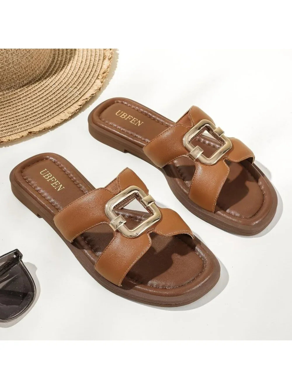 Women's All Brown Square Toe Flat Sandals Slides Dressy Comfortable for Beach